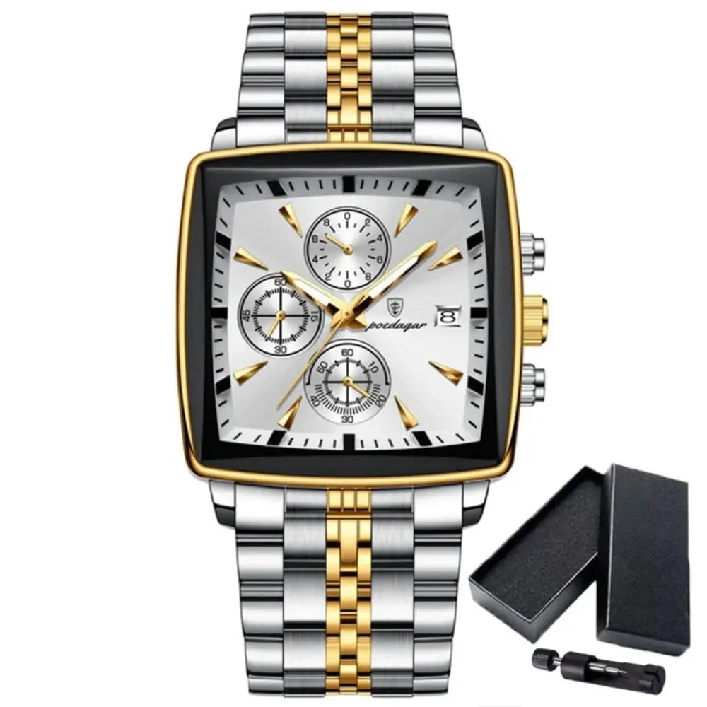 Luxury Square Steel Chronograph — Waterproof & Luminous (Gift Box) Poedagar