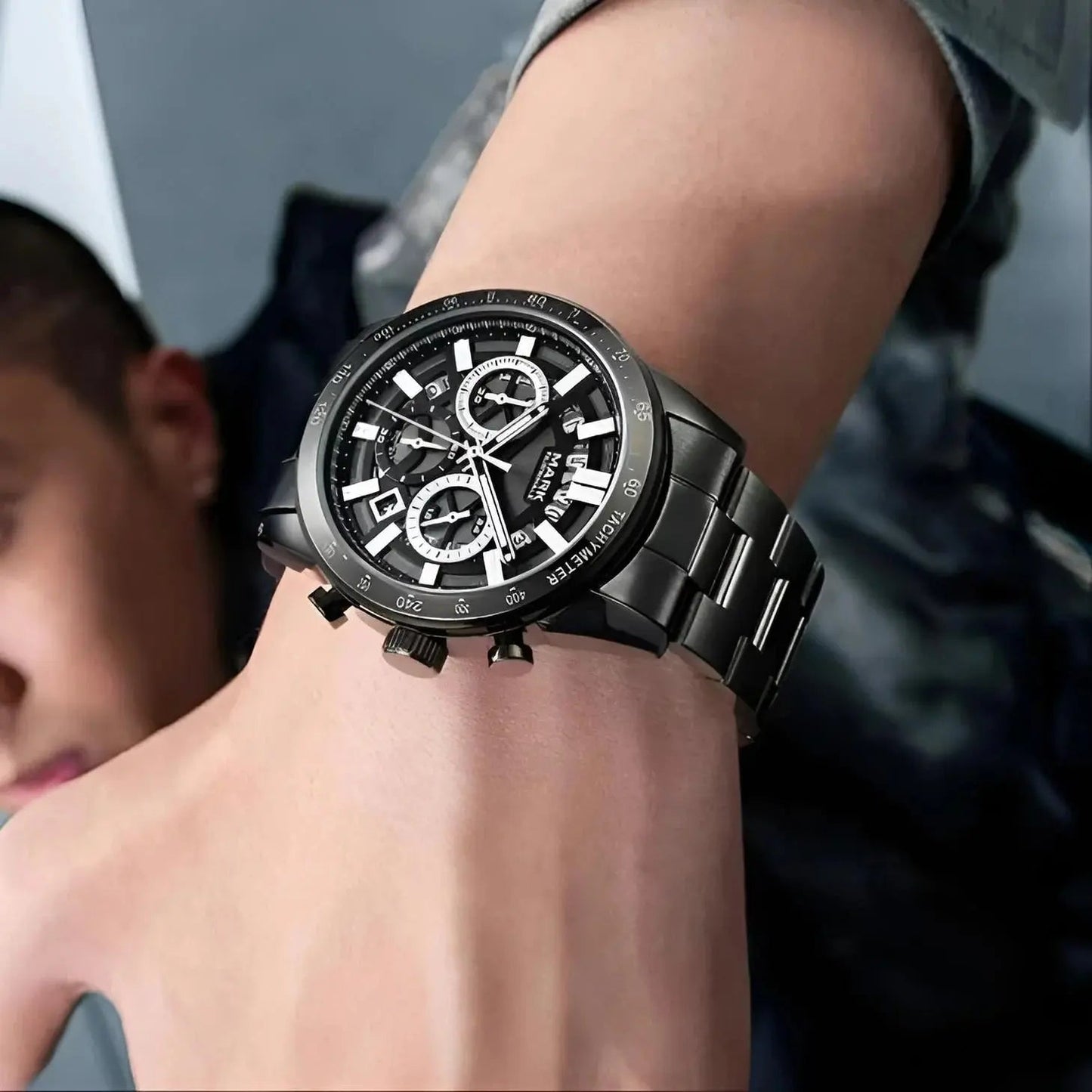 Luxury Men’s Black Chronograph Watch | Sapphire Glass, Luminous Dial, 3ATM Velozya