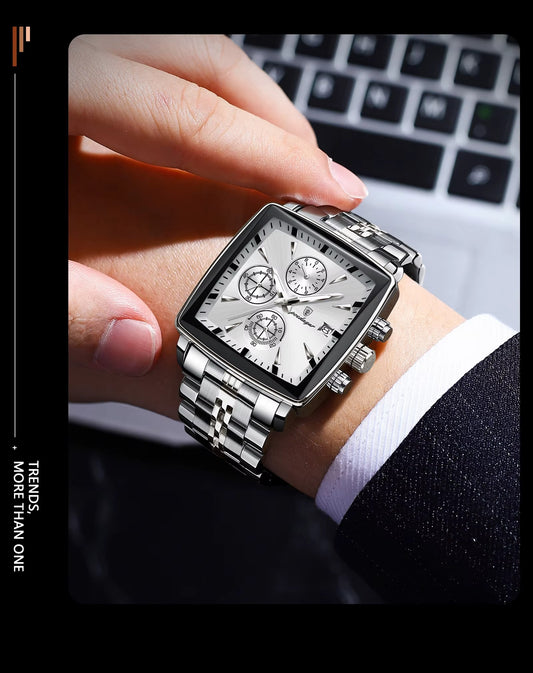 POEDAGAR Luxury Square Steel Chronograph — Waterproof & Luminous (Gift Box)