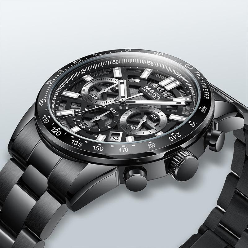 Luxury Men’s Black Chronograph Watch | Sapphire Glass, Luminous Dial, 3ATM