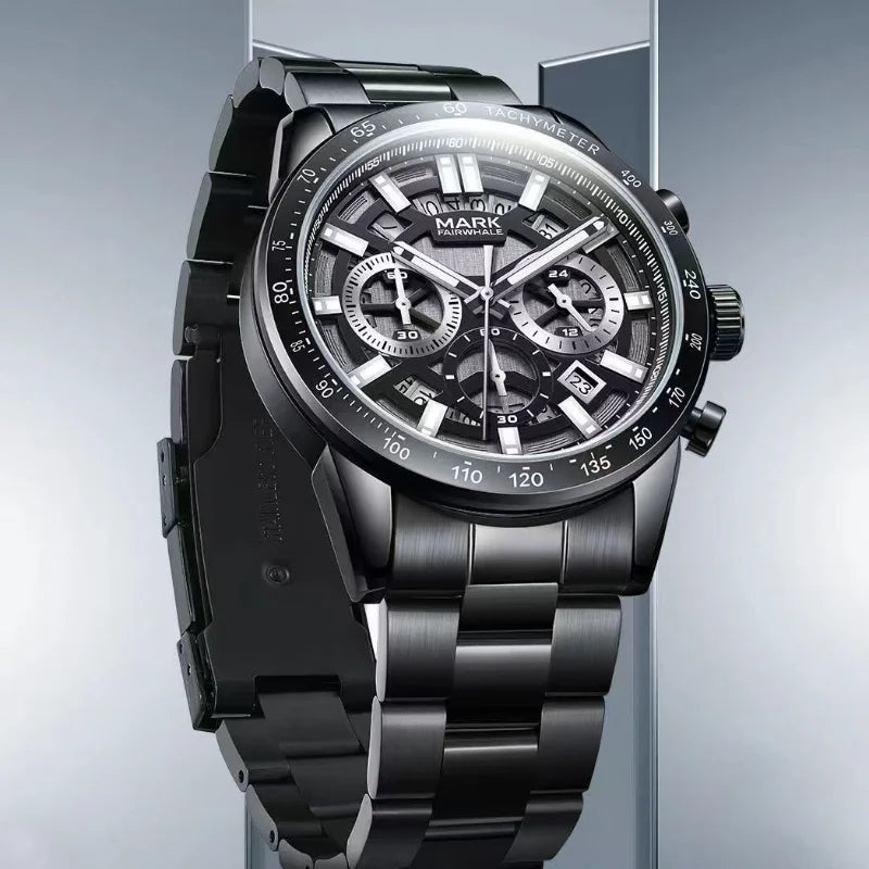 Luxury Men’s Black Chronograph Watch | Sapphire Glass, Luminous Dial, 3ATM