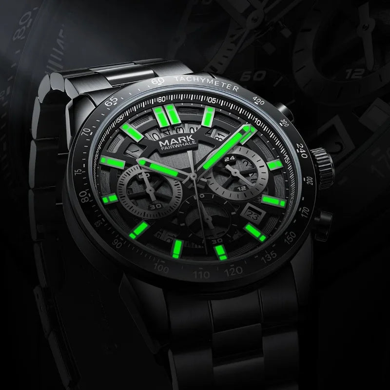Luxury Men’s Black Chronograph Watch | Sapphire Glass, Luminous Dial, 3ATM