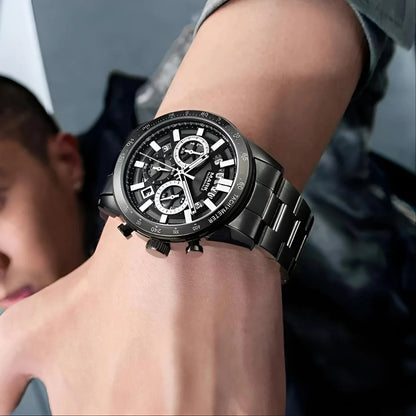 Luxury Men’s Black Chronograph Watch | Sapphire Glass, Luminous Dial, 3ATM