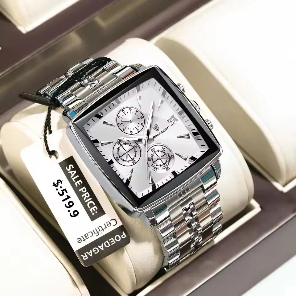 POEDAGAR Luxury Square Steel Chronograph — Waterproof & Luminous (Gift Box) Poedagar