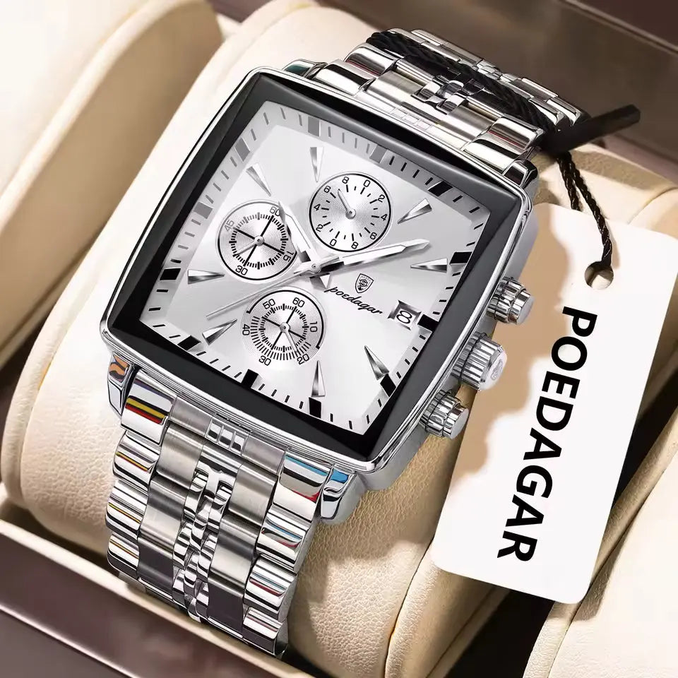 POEDAGAR Luxury Square Steel Chronograph — Waterproof & Luminous (Gift Box) Poedagar