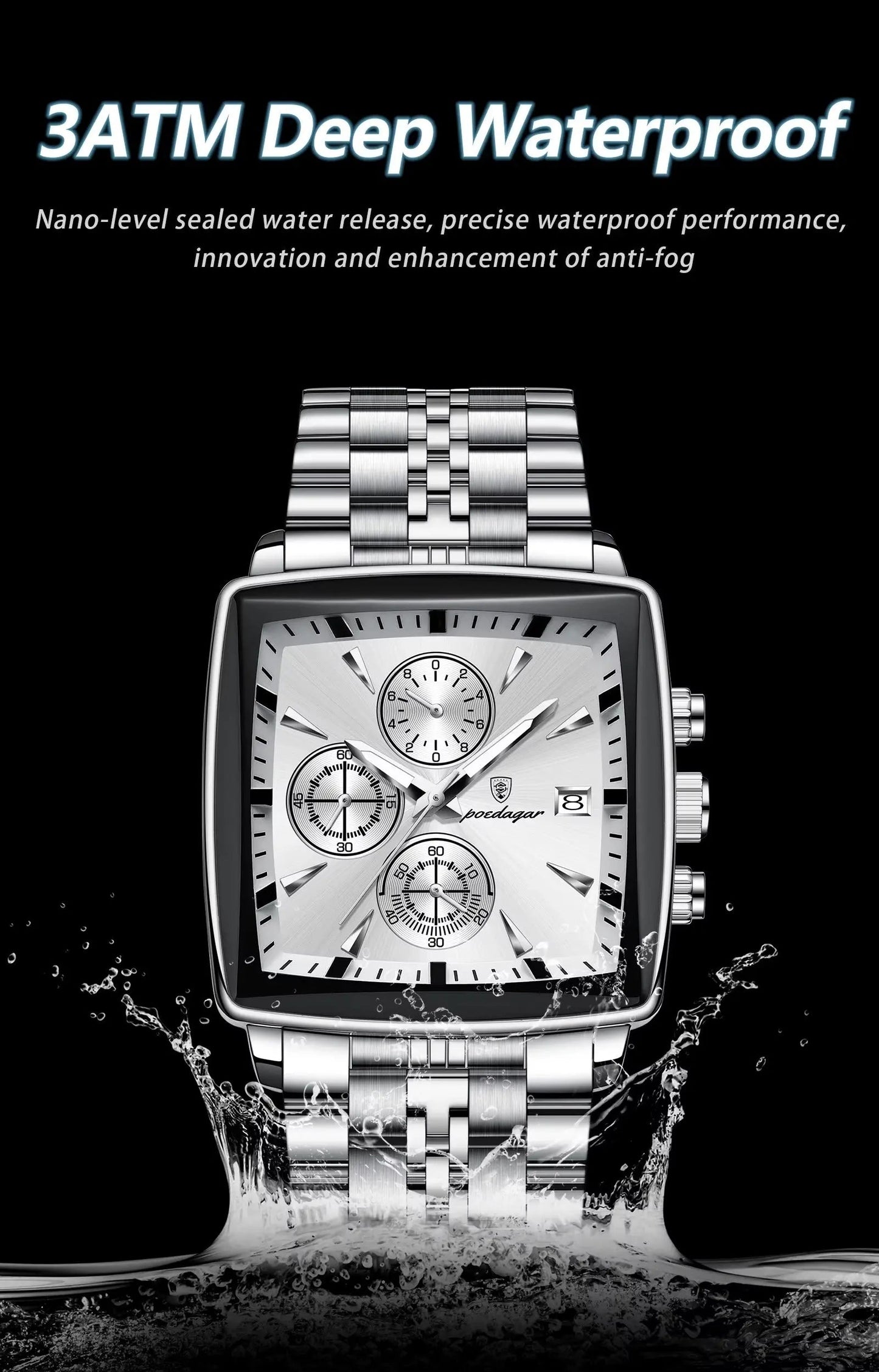 POEDAGAR Luxury Square Steel Chronograph — Waterproof & Luminous (Gift Box) Poedagar