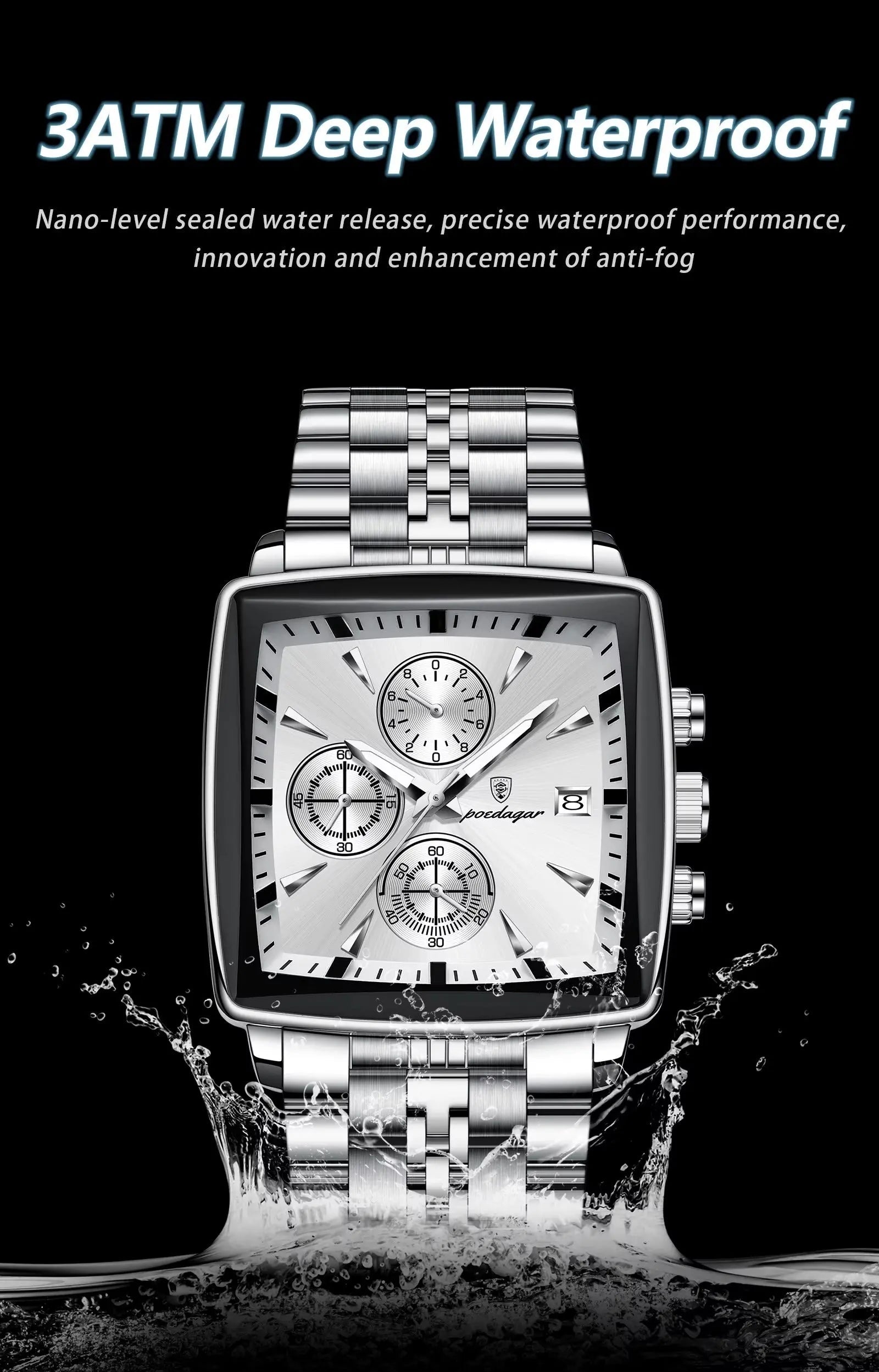 POEDAGAR Luxury Square Steel Chronograph — Waterproof & Luminous (Gift Box) Poedagar